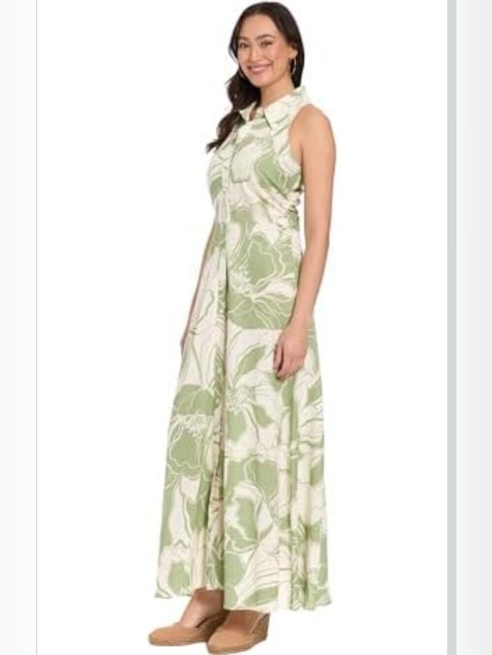 NWT Womens Linen Blend London Times Green and Cream Floral Maxi Shirt Dress. 8
